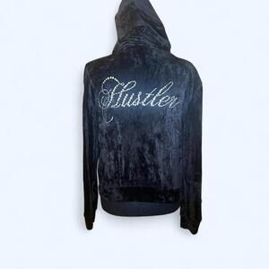 Black velour vintage 2000s Hustler hoodie with rhinestone logo Size Small